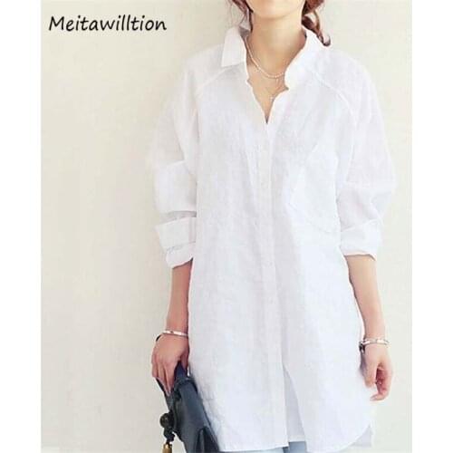 Autumn Women Cotton Linen Long Blouse 2020 Casual Lapel Long Sleeve Loose Bf Style Shirts Women Office White Tops