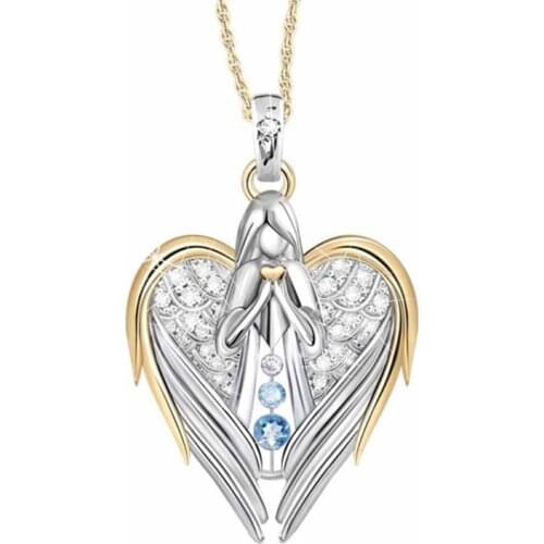 1pc Gold Sliver Crystal Rhinestone Heart-shaped Design Angel Wings Sweater Chain Pendants Necklaces For Women Angle Girl Gift