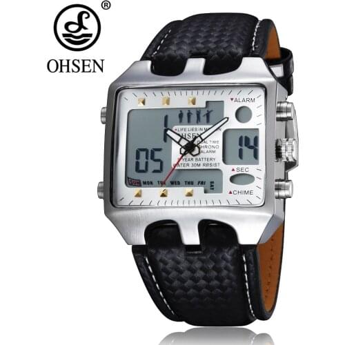 OHSEN Dual time man quartz Watch leather strap fashion white military Mens Wristwatch Outdoor sport Waterproof male clock Gift