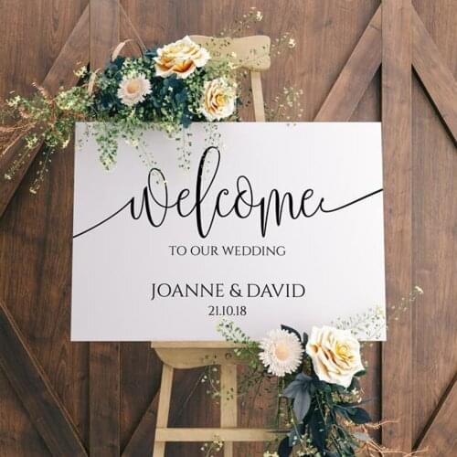 Welcome to our Wedding Sign Vinyl Decal Wooden Mirror Personalise Bride Groom Names Wall Sticker Rustic Wedding Decoration G44