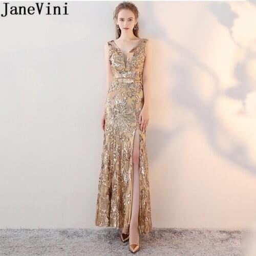 JaneVini Sparkly Sequins Gold Prom Dresses Long Silver Black Sash Sequined Mermaid Evening Dress Sexy Split Party Gowns 2019