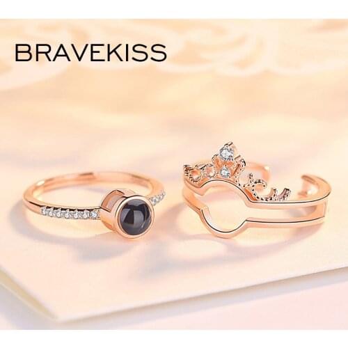 BRAVEKISS Luxury Crown 100 Languages Combination Open Wedding Rings for Women Fashion Jewelry Finger Ring Accessories PR0236