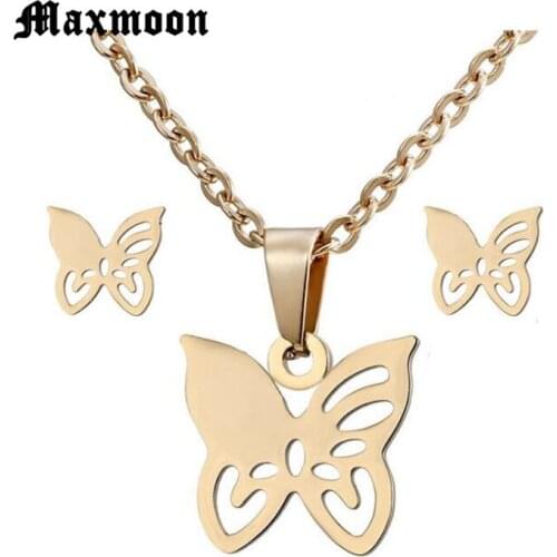 Maxmoon Gold Butterfly Stud Earrings Necklace Jewelry Sets for Women Girls Stainless Steel Jewelry Gifts Wholesale