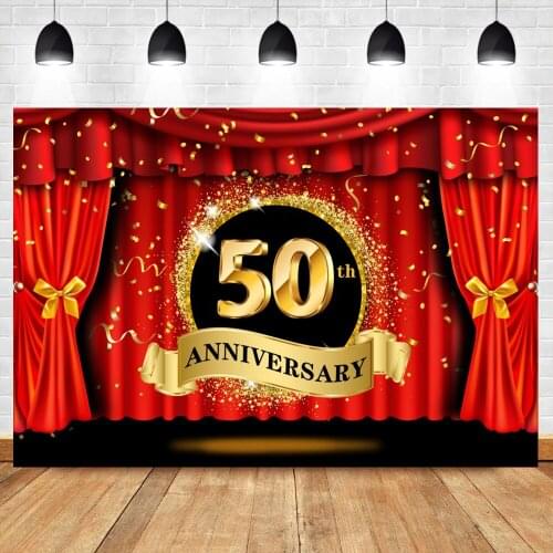 Laeacco 50th Anniversary Party Backdrop For Photography Red Curtain Stage Portrait Banner Poster Photographic Background Decor