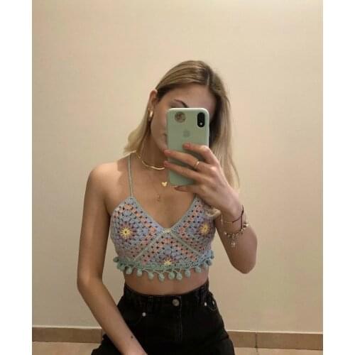 Summer Women Sexy Midriff-baring Camisoles 90s Girls Diamond Plaid V-neck Plush Ball Hem Sleeveless Base Shirt Knitted Tops