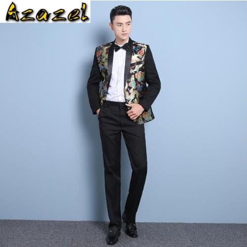 Hot Mens Fashion Korean Slim Chinese style Blazer suits Grooms wedding dress Host performing Men stage clothes (suit+pants)