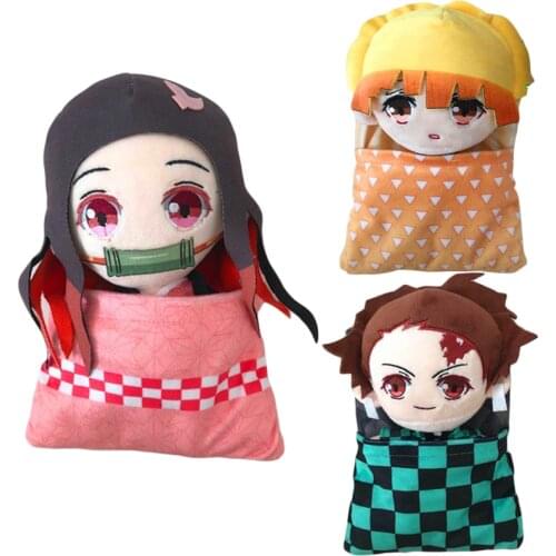 Cute Demon Slayer Plush Toys with Quilt Stuffed Plush Doll Plushie Nezuko Zenitsu Tanjirou Giyuu Inosuke Kimetsu Kids Anime Toys