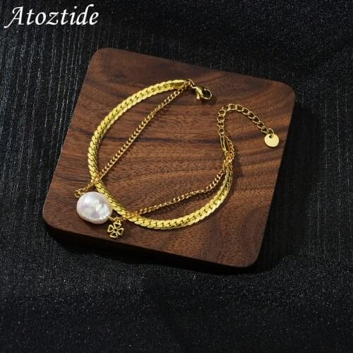 Atoztide Fashion Double Layers Natural Pearl Bracelet Stainless Steel Gold Chain For Women Girlfriend Valentines Day Jewelry