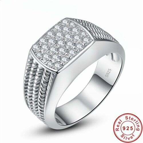 Rectangular Inlaid Zircon Rope 925 Sterling Silver Male Ring for Men Wedding and Engagement