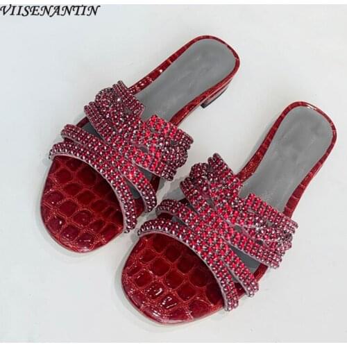 New Fashion Genuine Leather Crystal Flat Sole Mules Summer Outer Wear Casual Women Shoes Diamand Square Toe Multi Color Slippers