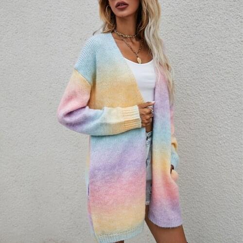 2021 Autumn and Winter New Product European and American Sweater Rainbow Tie-dye Mid-length Cardigan Knitted Jacket Women