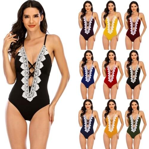 New Lace Splicing One-piece Swimsuit Women Vintage Deep V-neck Backless Bodysuit Monokini 2021 Sexy Halter Bathing Suit Swimwear