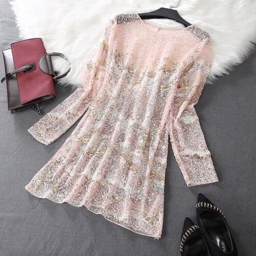 Sexy Transparent Bead Work Mesh T Shirts Women Embroidery Flower T Shirts Women Long Sleeve Long Sequined Tops