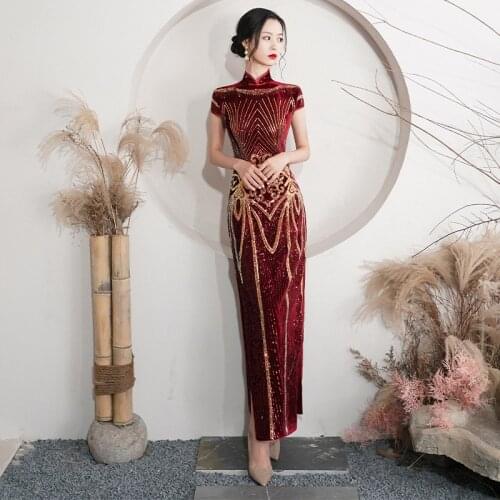 Oversize 4XL Sexy Velour Sequin Flower Cheongsam Women Slim Velvet Qipao Elegant Evening Party Dress Short Sleeve Vestidos