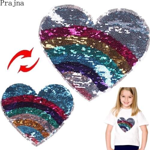 Prajna Sequin Reversible Patches Unicorn Heart Patch Sew On Embroidered Patches For Clothes Stripes Stickers Kids DIY Applique