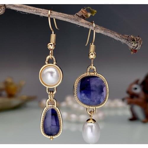 Vintage Deep Blue Stone Pearl Earrings Asymmetry Baroque Jewelry Gold Silver Color Statement Dangle Earrings for Women
