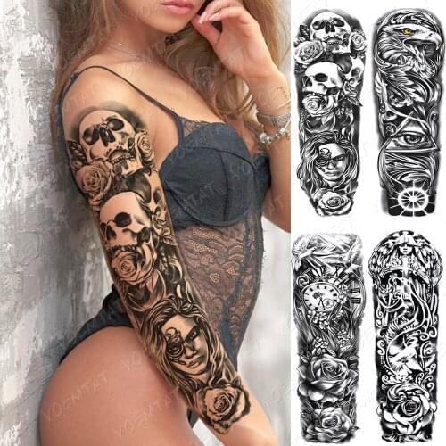 Waterproof Temporary Full Arm Tattoo Sticker Skull Nun Flower Clock Flash Tattoos Female Sexy Body Art Big Fake Sleeve Tatto Men