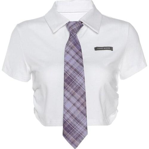 Fanco 2020 Summer Womens T-shirt Solid Color Slim Turn Down Collar Short Sleeve New Female Tie Exposed Navel