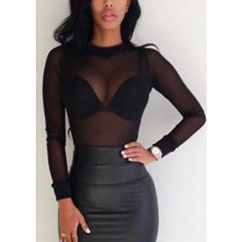 Women Sexy See Through Transparent Mesh Sheer Blouse Stand Neck Long Sleeve Tops Ladies Shirt Tees Plus Size