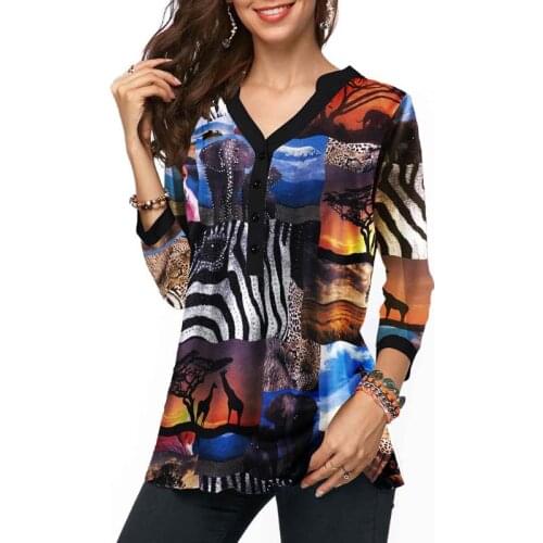 Contrast Color Animal Print Vintage V-Neck Hot Drilling Nine Sleeve Tops Casual Women Shirt 2020 Spring Blouse Fashion Top S-XXL
