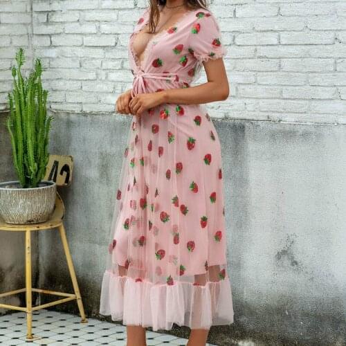 Women V Neck Sexy Strawberry Sequined Dress Sweet Elegant Evening Party Maxi Dress Short Sleeve 3XL Christmas New Year Clothing