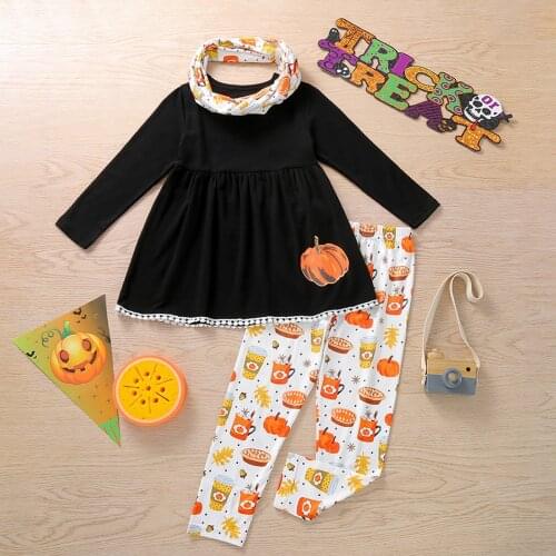 Girls Halloween Outfits Long Sleeves O-neck Pullover Pumpkin Printed Pattern Trousers Neckerchief Baby Infant Clothing