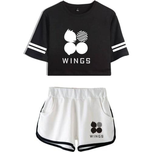 Bangtan Boys WINGS printed Women Tracksuit Casual Two Piece Set Kpop Sexy short tshirt Tops and shorts Outfits Summer Women Sets