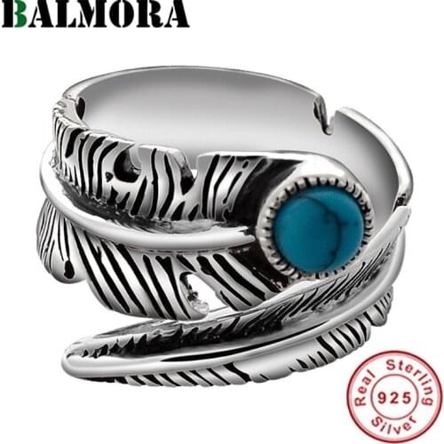 BALMORA 100% 925 Sterling Silver Vintage Feather Open Rings For Women Man Artificial Turquoise Leaf Ring Jewelry Couple Gift
