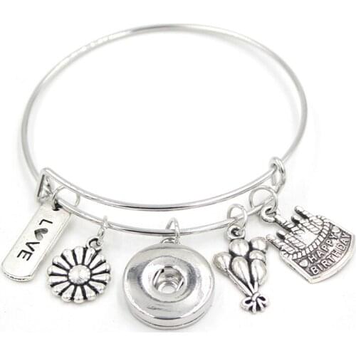 10PCS Wholesale 18mm Snap Jewelry Happy Birthday Charm Bracelet Wire Bangle Snap Bracelets for Women Girls Birthday Birth Gift