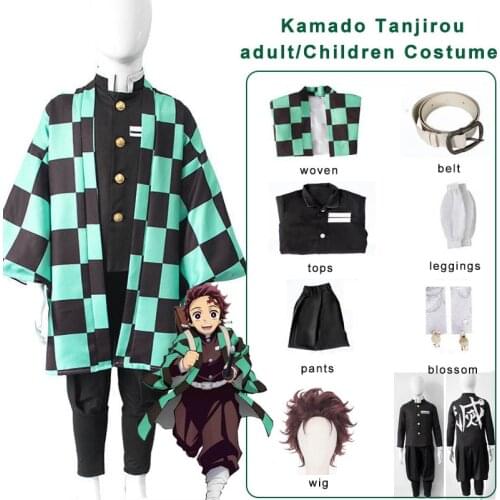 Anime Demon Slayer Tanjirou Kamado Cosplay Costume Kimono Wig Kimetsu No Yaiba Man Woman Kids Kimono Wigs Suit Halloween Costume
