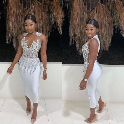 Sheath White Prom Dresses Beading Tea Length Elastic Satin Zipper Back Short Cocktail Party Gowns