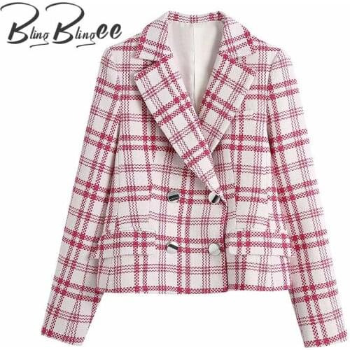 BlingBlingee Spring Autumn Women Oufits Double Breasted Blazers and High Waist Mini Skirt Office Lady Plaid Suit 2 Piece Sets