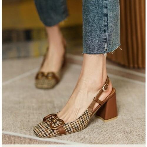 Sandals Womens Summer New Fashion Korean French Retro Square Head Horse Clasp Color Matching Baotou High Heeled Shoes