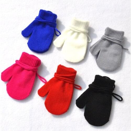 Children Solid Thick Knitted 1-4Years Gloves Children Winter Warm Solid Knitted Cute With String 6colors Gloves