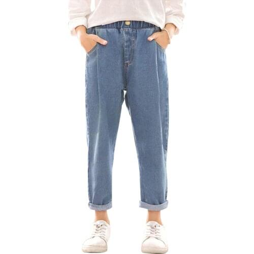 Spring Jeans For Girls Solid Pleated Childrens Jeans Elastic Waist Kids Jeans Girl Casual Autumn Clothes For Girls 6 8 10 12 14