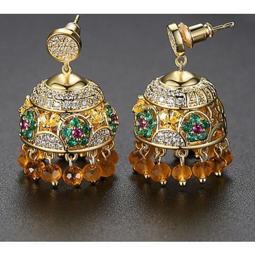 Ethnic Retro Indian Bridal Wedding Bell Beads Tassel Earrings Drop Dangle Jewelry Women Fashion Gypsy Jhumka Jhumki Zircon Gifts