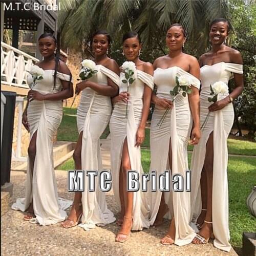 Graceful White Mermaid Bridesmaid Dresses Off The Shoulder Side Slit Pleat Satin Long Wedding Party Gowns Custom Made