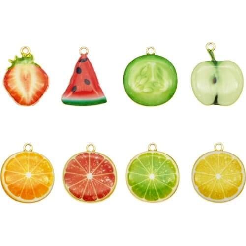 Julie Wang 8PCS Fruit Charms Mixed Alloy Epoxy Orange Strawberry Apple Watermelon Gold Tone Pendant Jewelry Making Accessory
