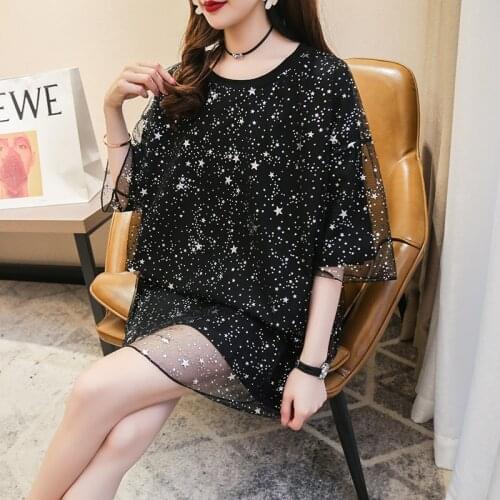 Summer Plus Size Short Sleeve Tops Woman Tshirts Korean Mesh Stitching T Shirt Women Kawaii Loose Casual Sequins Girl Tees 2021