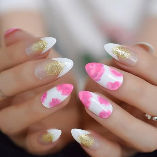 24pcs/lot Fashion Fake Nails Gold Glitter Mixed Flower Pattern Press On Nail Beauty Coffin Artificial Nail Stiletto Art Tips