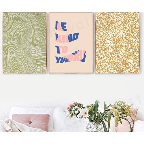 Abstract Line Flower Green Waves Wall Poster Simple Quote Be Kind To Yourself Modern Style Painting on Canvas Art Home Decor
