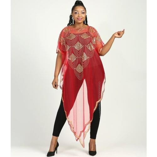 Summer 2021 New African Womens Fashion Gown Chiffon Batwing Sleeve Sequins And Fringes Loose, Versatile Dress With Free Size