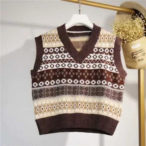 2021 autumn and winter new Korean version of loose long-sleeved V-neck fashion vest all-match geometric knitted sweater women
