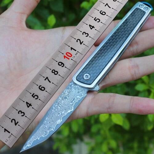 New Folding Knife Damascus Steel Handmade Forged Carbon Fiber Handle Portable Outdoor Hunting Camping Survival Tools