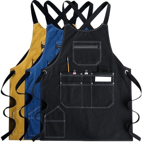Solid Denim Pocket Cafe Baking Bibs House Cleaning Working Cooking Accessories Coffee Pinafore Canvas Apron Kitchen Accessories