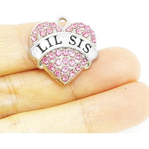 BULK 10pcs Lots Lil Little Sister Heart Crystal Charms Birthday Gifts for Girls Pendant for Necklace Making 20*20mm 3g