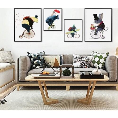 Nordic Cute Cycling Animal Bear Mouse Children Room Canvas Abstract Print Poster Picture Wall Baby Bedroom Home Decor Unframed