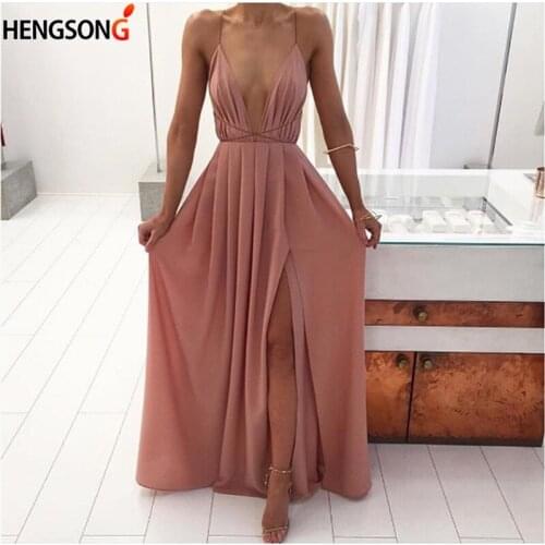 Simple V-Neck Sleeveless Summer Dress Red Pink White Long Dress High Waist Hem Open Fork Vintage Party Dress Vestido De Festa
