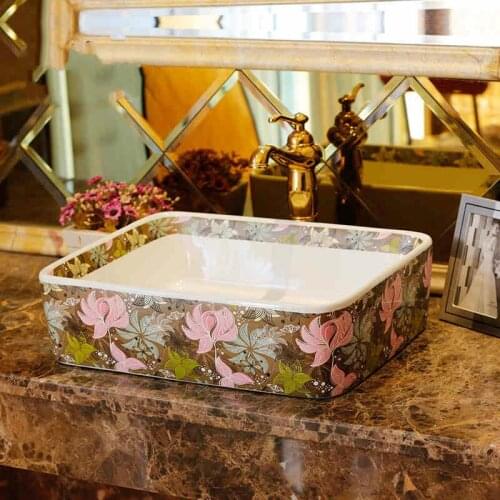 Rectangle Porcelain China Classic Art lotus Countertop bathroom sink ceramic art wash basin