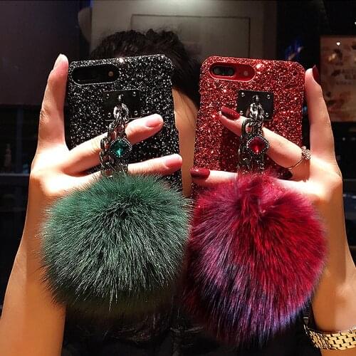 Luxury Woman Shiny Cases For Samsung S20P A51 A10 A30 A40 A50 A70 Note10plus S7edge gemstone Lanyard Hair Ball Mobile Phone Case